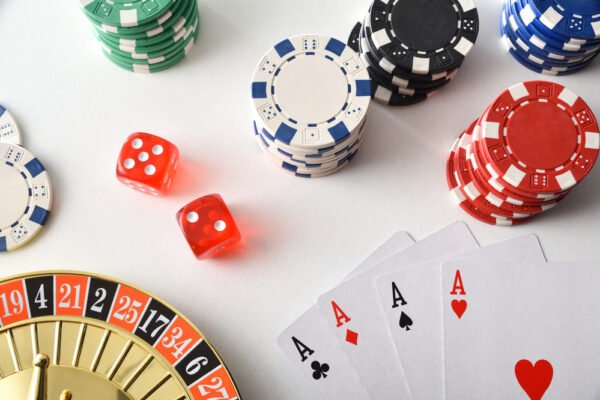 Background with casino game objects isolated on white table